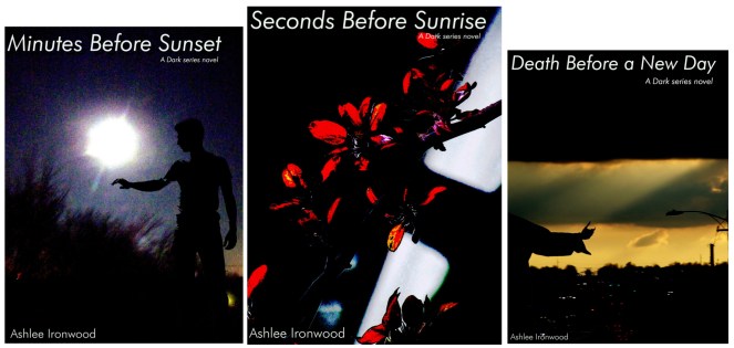 Original covers for A Timely Death trilogy: sizes represent order in which they were written