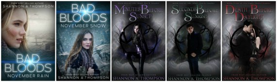 My books I'm discussing, The Timely Death Trilogy and Bad Bloods