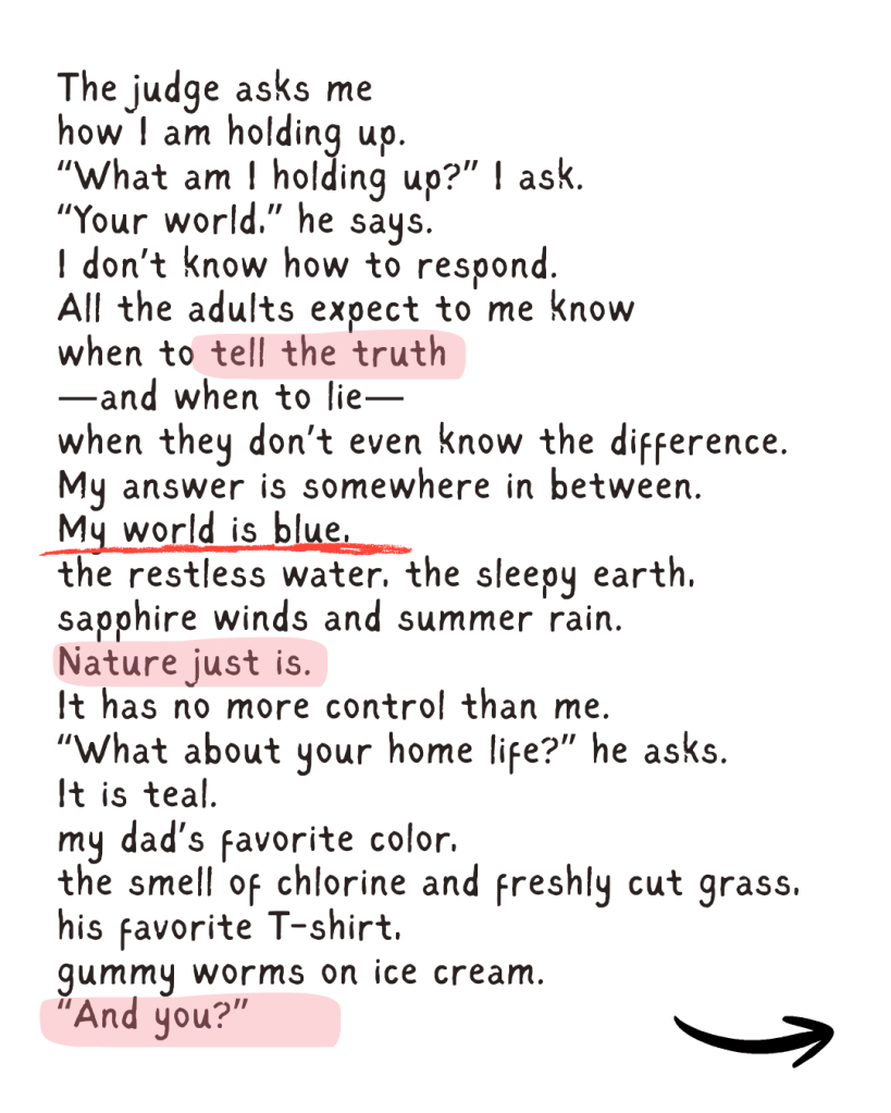 A handwritten poem describing the speaker's perception of their world with colors and feelings, including references to nature, home life, and personal memories.