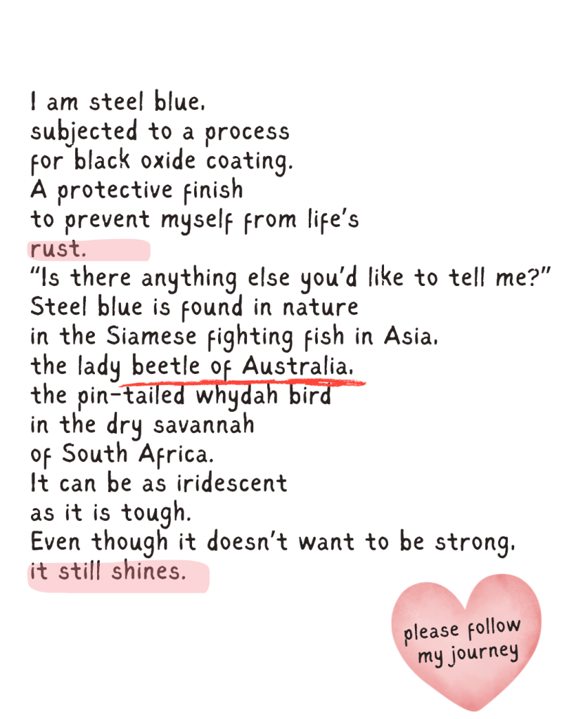 A poetic description in a handwritten style, highlighting the qualities of the color steel blue, mentioning its natural occurrences in various species and emphasizing resilience and beauty.